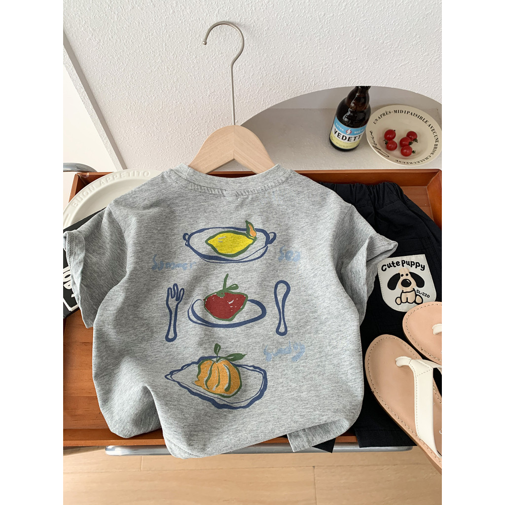 Meninos verão puro algodão de manga curta camiseta 2026 novo estilo crianças cinza em torno do pescoço meia manga bebê e