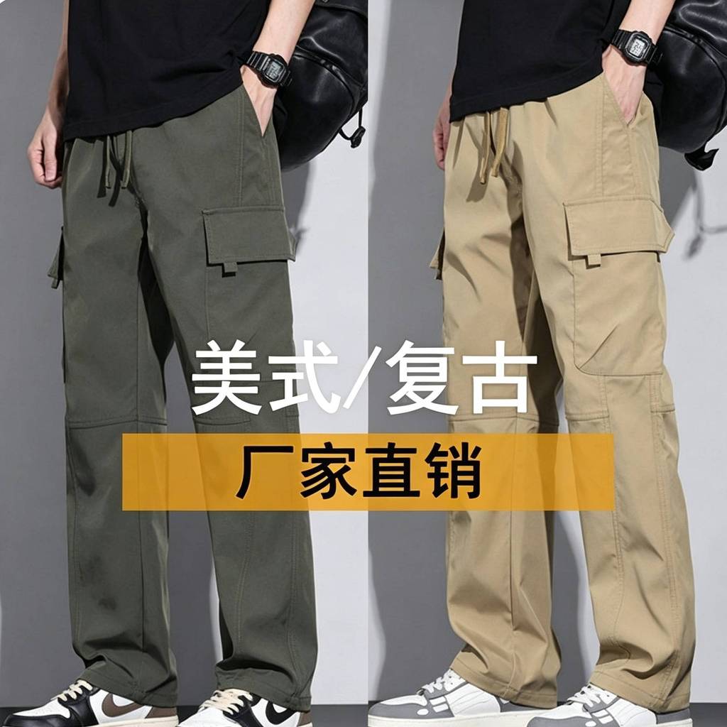 Macacão americano masculino fino solto calças retas Multi-bolso calças resistentes ao desgaste resistente a rasgos cintu
