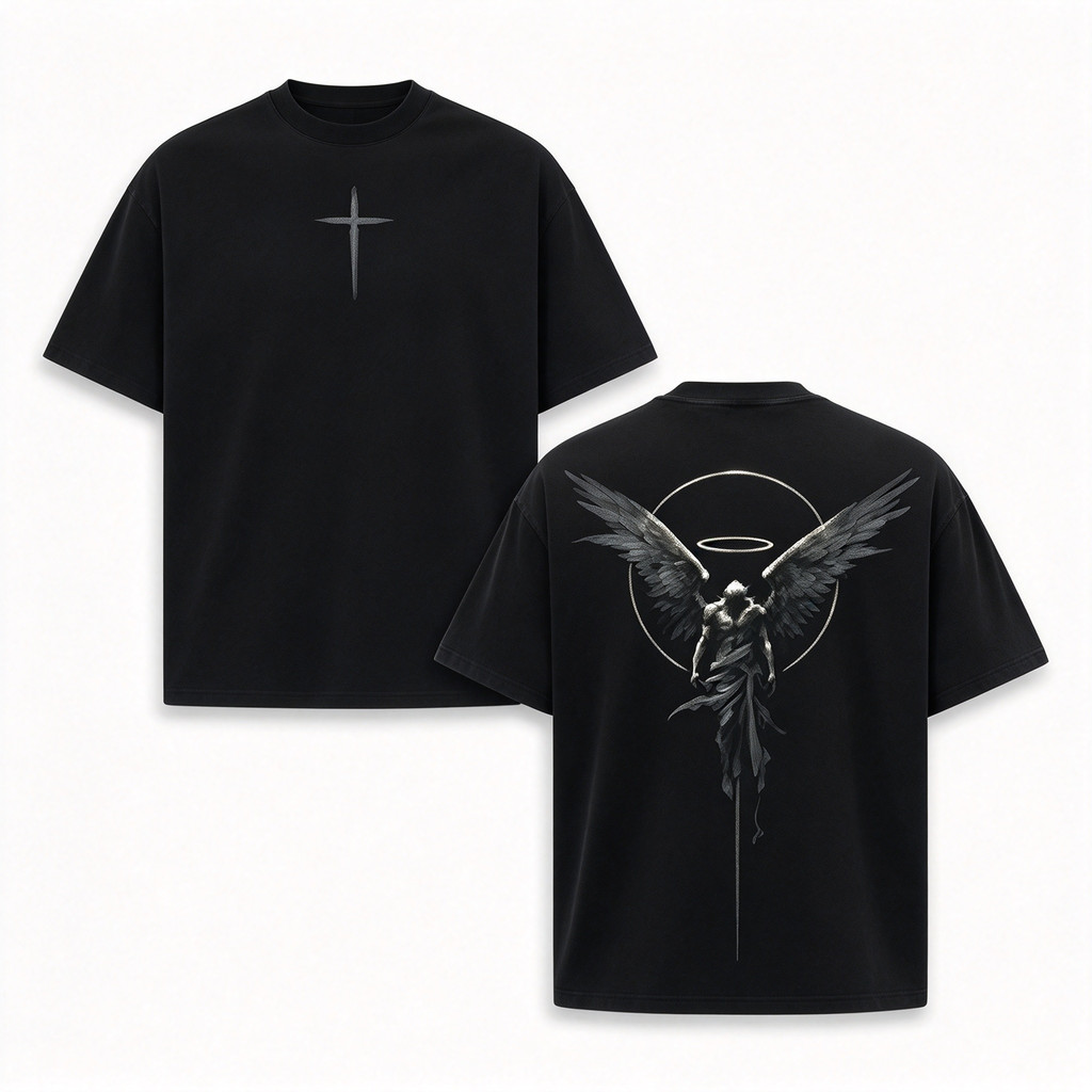 Camiseta Unissex Premium de Algodão Preta Estilo Streetwear Estampa Anjo e Cruz Ideal para Uso Casual e Passeio Urbano
