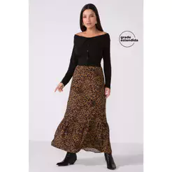 Saia Feminina Midi Babado Animal Print Marialícia Marrom