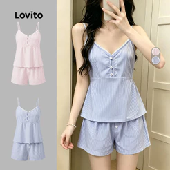 Lovito Conjunto De Pijama Feminino Elegante De 2 Peças Estilo Coreano Com Listras Babados E Botões Laterais PSNS149P2X008