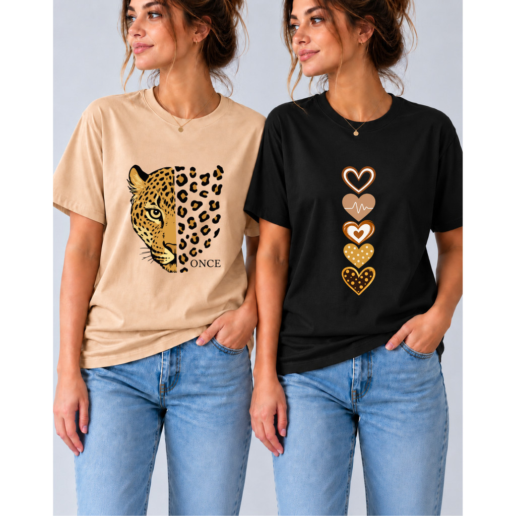 Kit 2 Camisetas Femininas 100% Algodão Premium Estampadas Onça e Corações Blusas Casual Confortáveis e Estilosas
