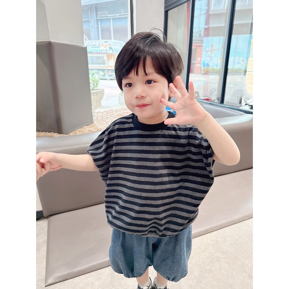 Meninos estilo ocidental listrado deslizamento-ombro de manga curta camiseta verão novo estilo roupas infantis crianças 