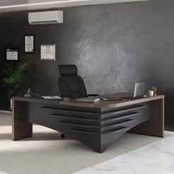Escrivaninha Mesa Escritório Diretor em L em Tamburato 200cm Charuto e Preto Marrom Artany Charuto/Preto