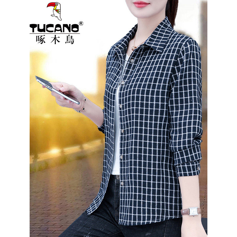 Woodpecker camisa xadrez feminina de manga comprida primavera outono novo estilo mãe de meia-idade estilo ocidental idad