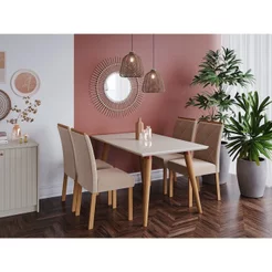Conjunto para Sala de Jantar Mesa 130cm Adele 4 Cadeiras Fernanda Marrom/Madeira/Off White/Nude
