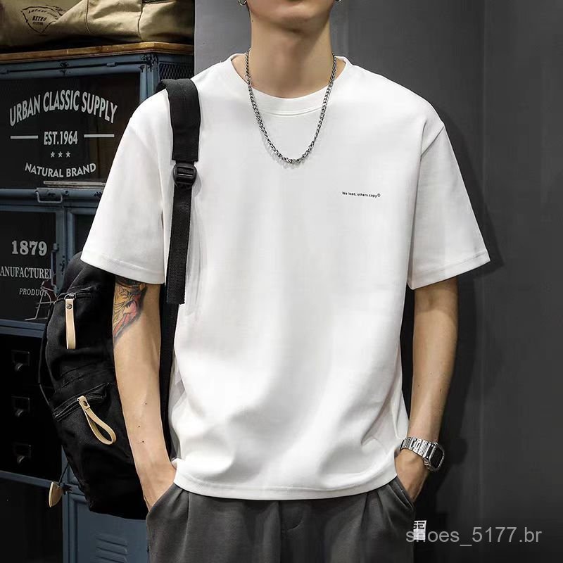 Camiseta masculina de algodão puro, manga curta, gola redonda folgada, estilo moderno, tecido pesado, cor branca, YWBD