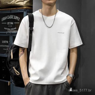 Camiseta masculina de algodão puro, manga curta, gola redonda folgada, estilo moderno, tecido pesado, cor branca, YWBD