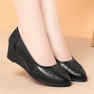 Couro genuíno respirável sapatos únicos senhoras 2025 primavera verão estilo cunha salto elegante sola macia mãe de meia