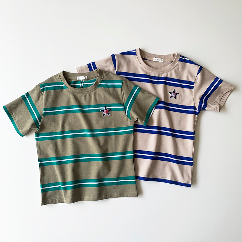 Listras ~ meninos camiseta de manga curta verão puro algodão comércio exterior roupas infantis 2023 crianças em torno do