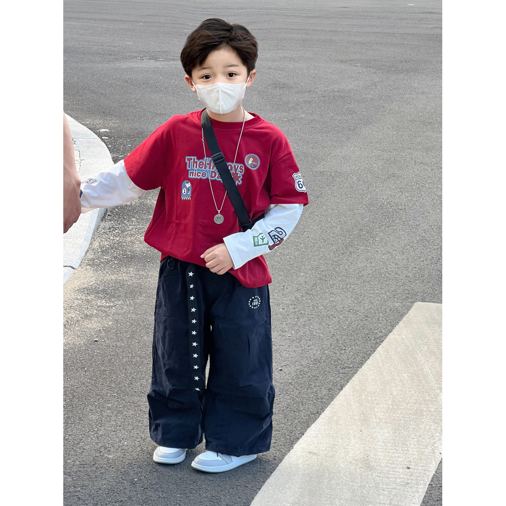 Crianças versão coreana carta impressa de manga comprida camiseta meninos em torno do pescoço falso de duas peças All-Ma