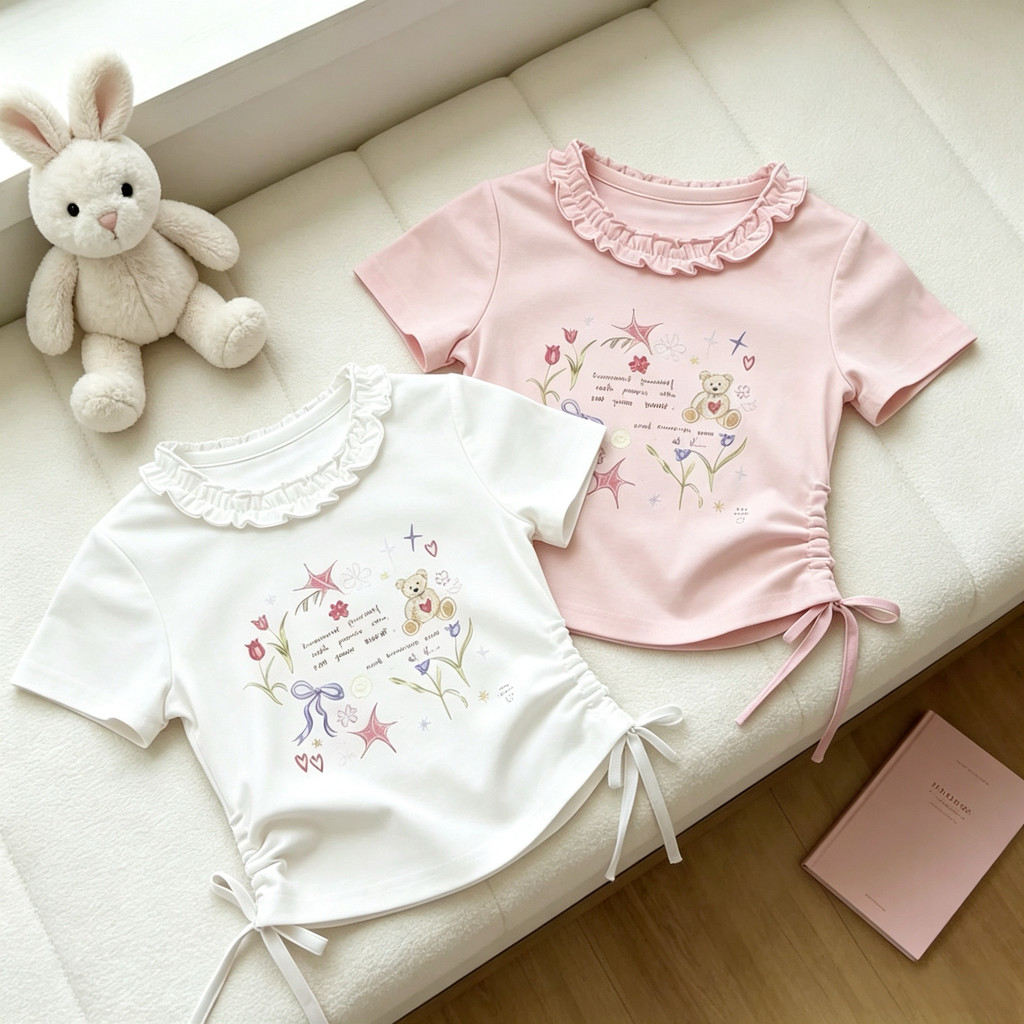 Meninas camiseta de manga curta verão novo estilo dos desenhos animados impresso cordão estilo ocidental gola de renda c
