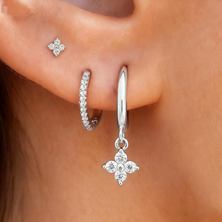 3 pares de brincos femininos prata 925, pingentes de flores incrustados com zircônia, banhados a ouro 18K