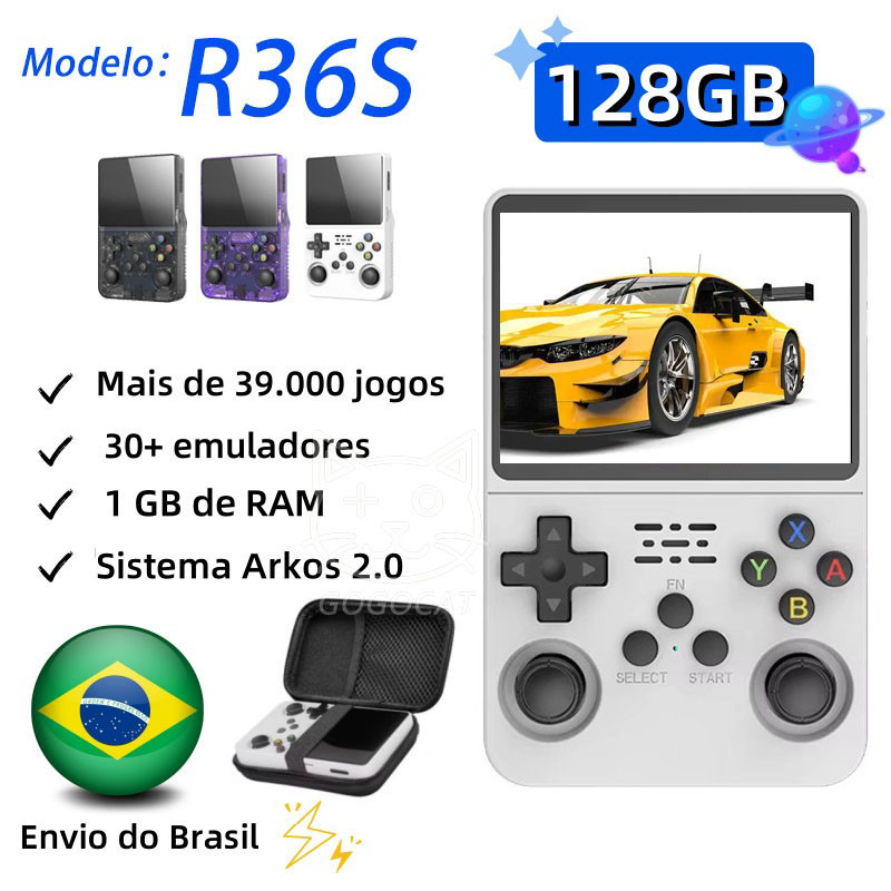 R36S 128GB，Arkos 2.0, console De Jogos Portátil Retrô,Video game,39000 jogos,Suporta PSP,PS1,N64,GBA，vídeo game portátil