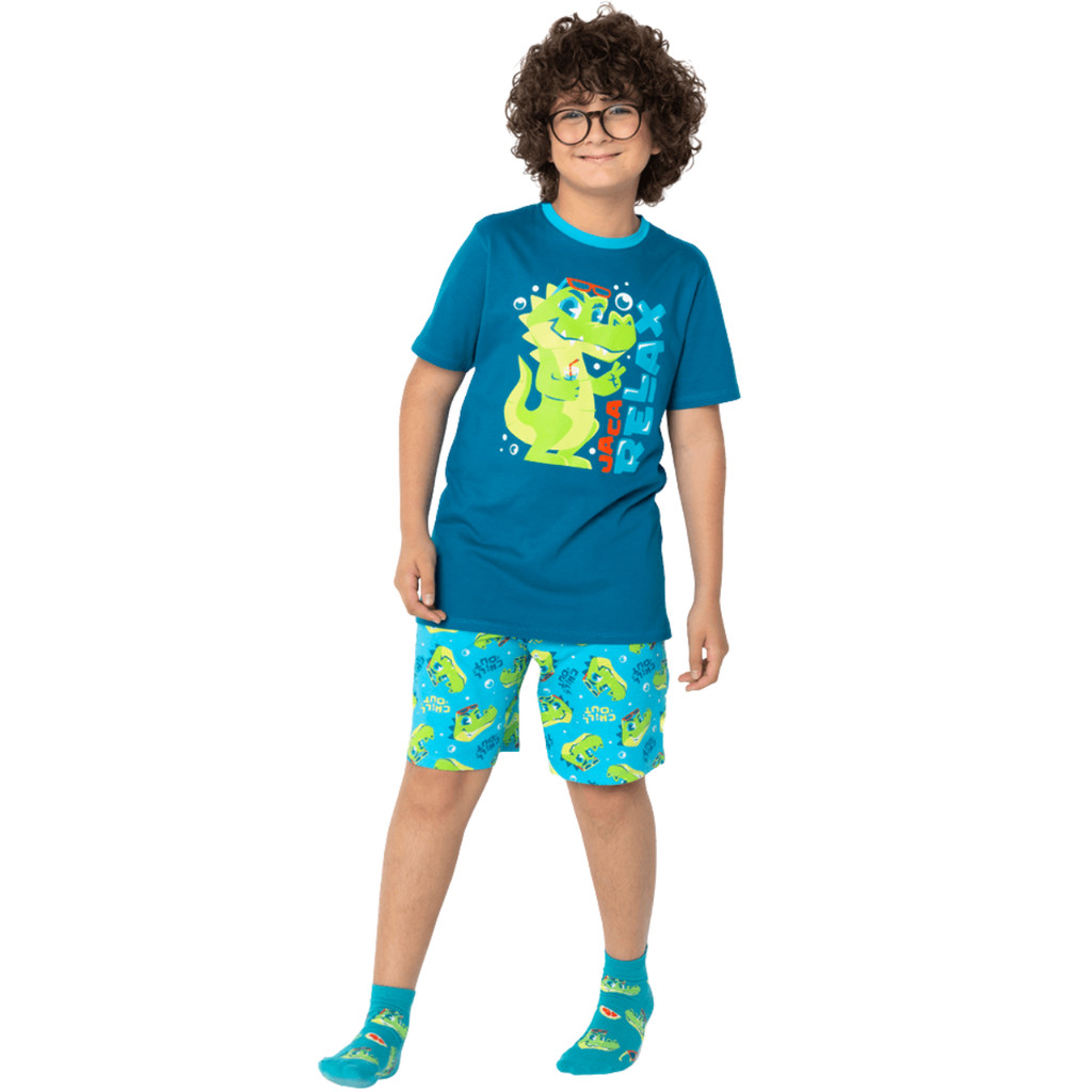 Pijama Puket Manga Curta Algodão Menino Confortavel Para Dormir Teen Jacaré Relax