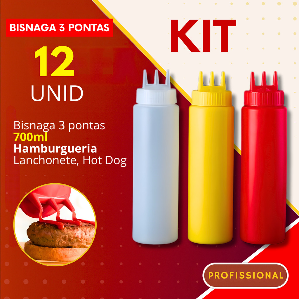 Bisnaga 3 Pontas para Molhos 12, 6 ou 3 Peças Lanches 700ml Hamburgueria Catchup Maionese Mostarda