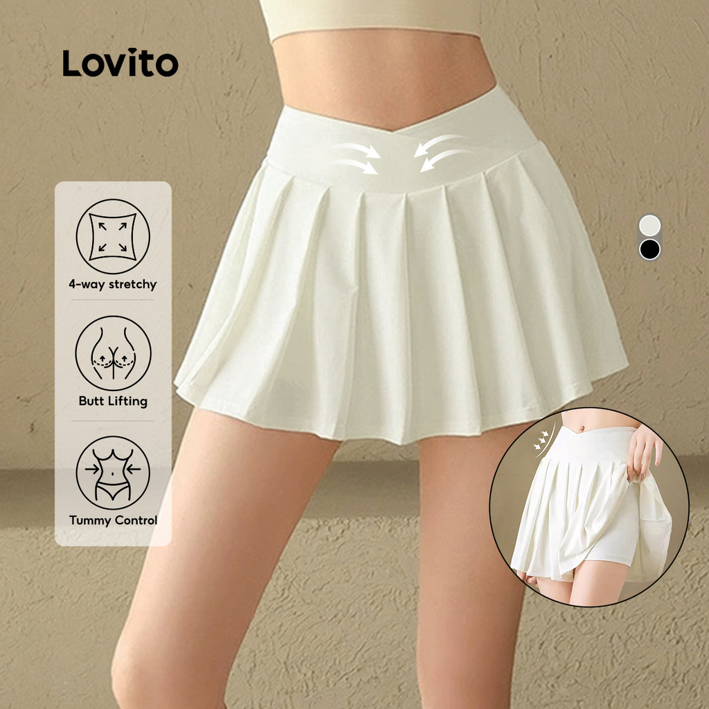 Lovito Shorts Esportivos 2 em 1 Saia+Calça frunces controle de barriga Corrida Yoga Pickleball Tênis Mulheres LNE112X053 em Oferta na Shopee