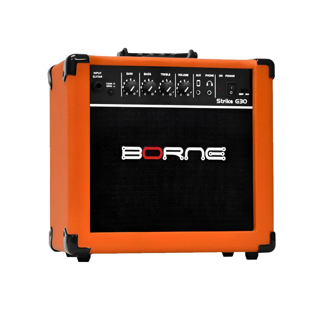 Amplificador Borne Strike G30 Laranja Guitarra Cubo Bivolt Canais Drive Auxiliar Celular