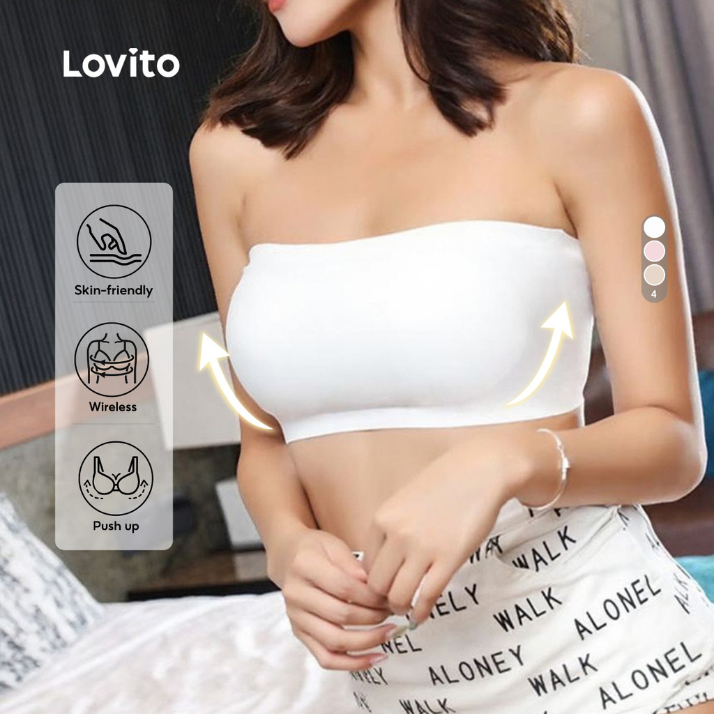 Lovito Casual Sutiã Sem Alças Macio Ao Toque Sem Aro Com Efeito Push-up Preto Simples Para Mulheres LNE117008