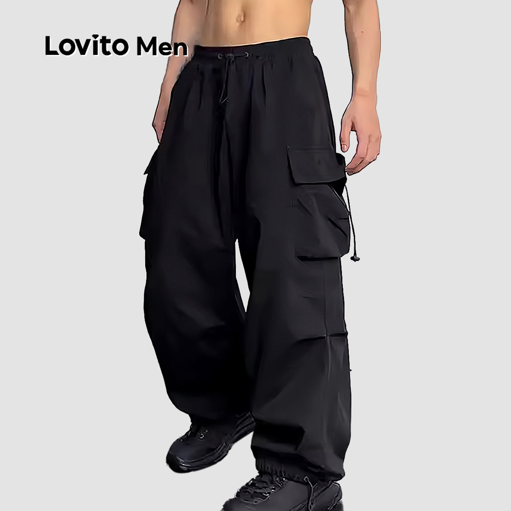 Lovito Men Estrutura de Bolso de Carga Casual com Linha de Amarração para Todas As Estações em Preto Cargo LNE118052 em Oferta na Shopee
