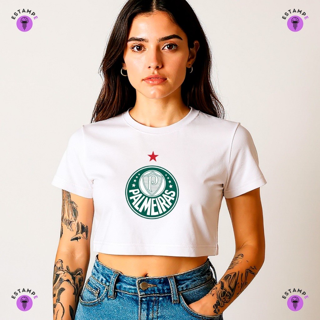 Camisa Camiseta Cropped Palmeiras Escudos Verdão Novo Blusa 100% Algodão Premium Adulto Feminino
