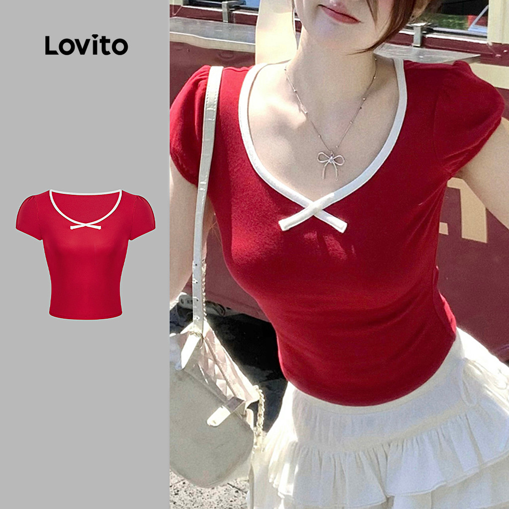 Lovito Camiseta Casual Natal Festa Contraste Estampa Comutação Primavera/Verão Vermelha Mulheres L156AD216