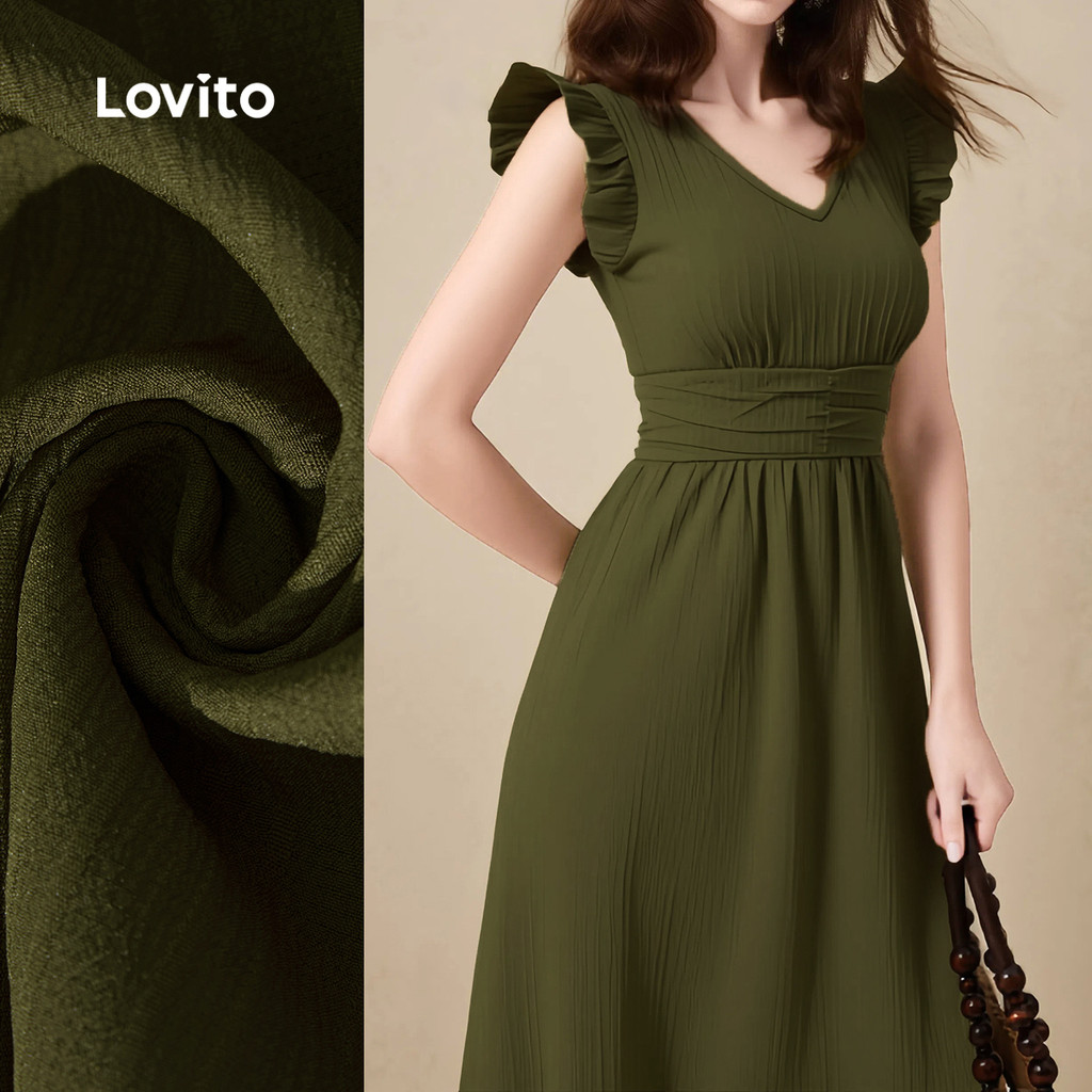 Lovito Vestido Casual Verde Com Zíper E Babados Franzidos Para Férias Na Primavera/verão Para Mulheres L154LD269