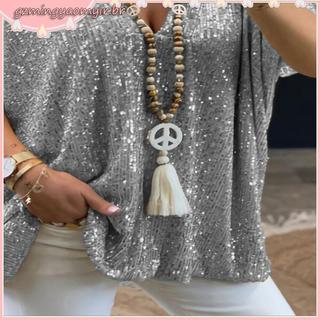 Lantejoulas De Ajuste Solto Camiseta Com Decote Em V