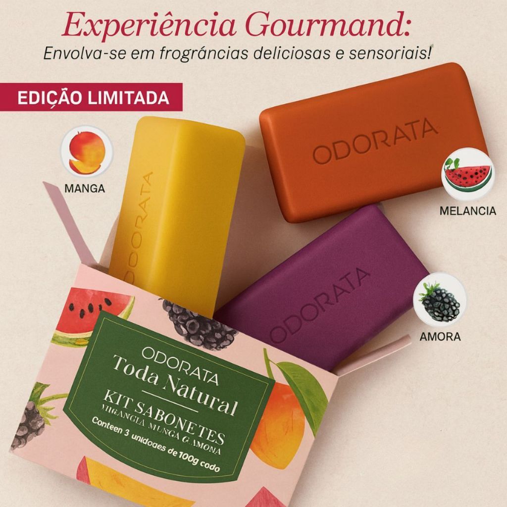 Caixa Sabonete Em Barra Vegetal 3 Unidades 100g Cada Melancia Manga E Amora Toda Natural Odorata