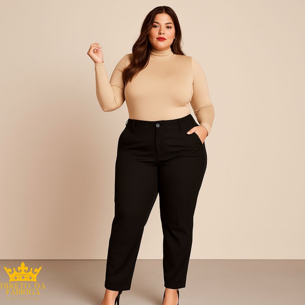Calça Alfaiataria Feminina Social Com Ziper Bolso e Cós Alto Plus Size P ao G3 em Oferta na Shopee