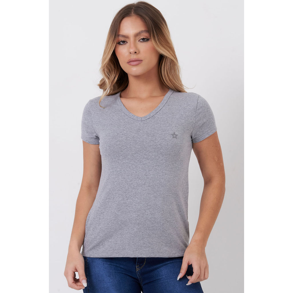 Blusa Feminina Decote v Planet Girls Mescla em Oferta na Shopee