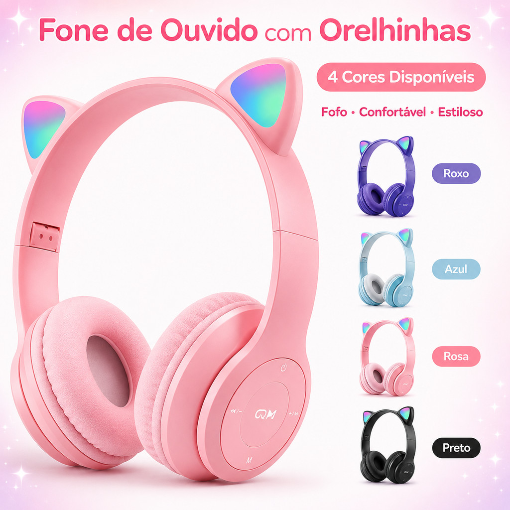 Fone de ouvido Bluetooth sem fio Infantil Orelha Gatinho, com redução de ruído e LED colorido