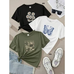 Kit 3 Camisetas Feminina Blusa de Algodão Tumblr Malha Premium T-shirts Estampas Sortidas