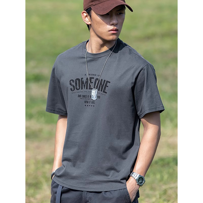 220g puro algodão de manga curta masculina verão respirável solto camiseta americano Retro impresso em torno do pescoço 