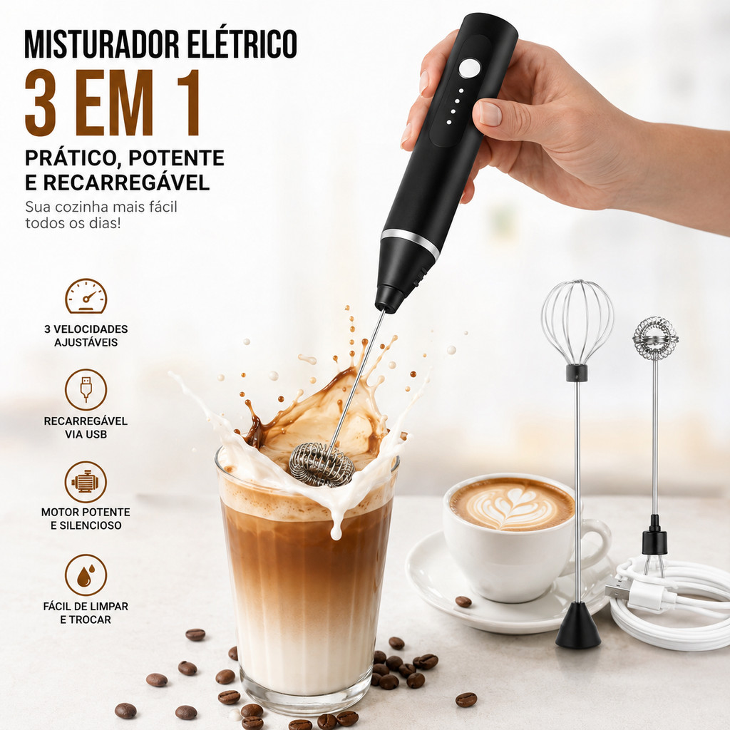 Misturador Elétrico 3 em 1 Recarregável USB Espumador de Leite Batedor de Ovos