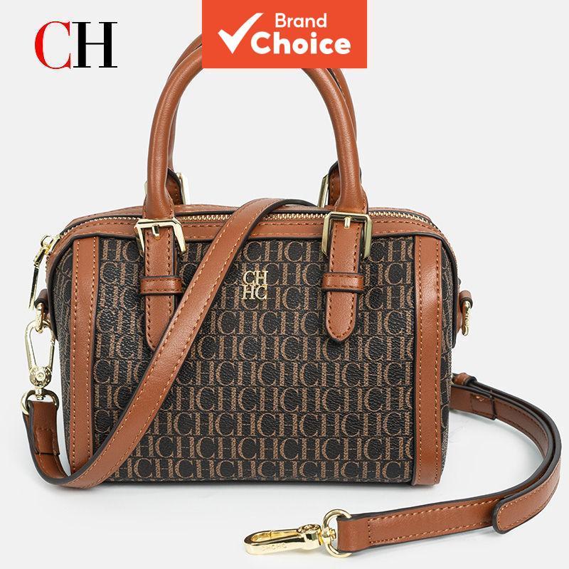 Bolsa feminina CH estruturada de mão ou tiracolo com alça superior pequena, padrão monograma, fecho de zíper, moderna,
