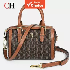 Bolsa feminina CH estruturada de mão ou tiracolo com alça superior pequena, padrão monograma, fecho de zíper, moderna,