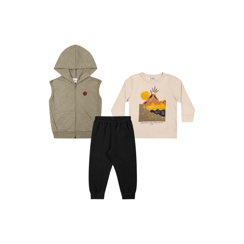 Conjunto Longo Infantil Menino Colete Rajado Elian Bege