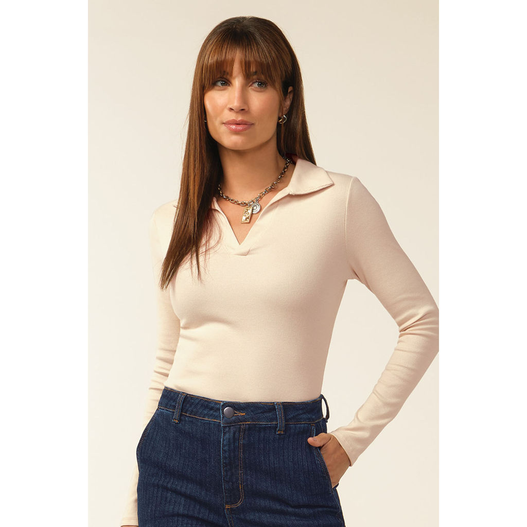 Blusa Feminina Gola Polo Decote V Marialícia Bege