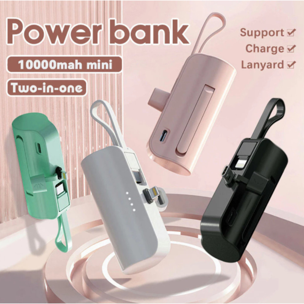 Mini Power Bank 10000mAh para Viagens Recarga Sem Fio e Cabo iPhone e Tipo-C 2em1