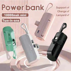 Mini Power Bank 10000mAh para Viagens Recarga Sem Fio e Cabo iPhone e Tipo-C 2em1