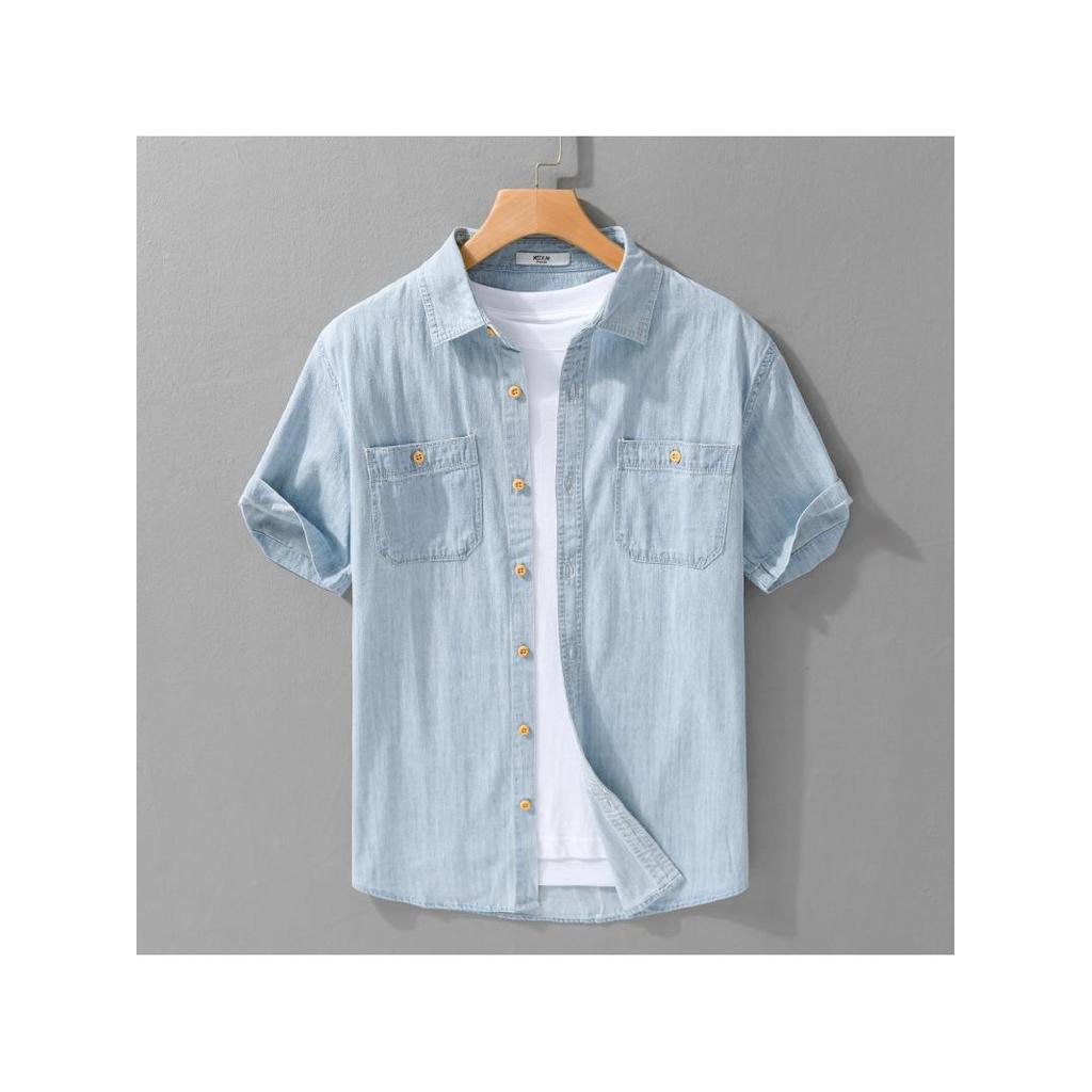 Verão masculino Casual Denim camisa de manga curta simples All-Match moda na moda masculina puro algodão juventude moda 