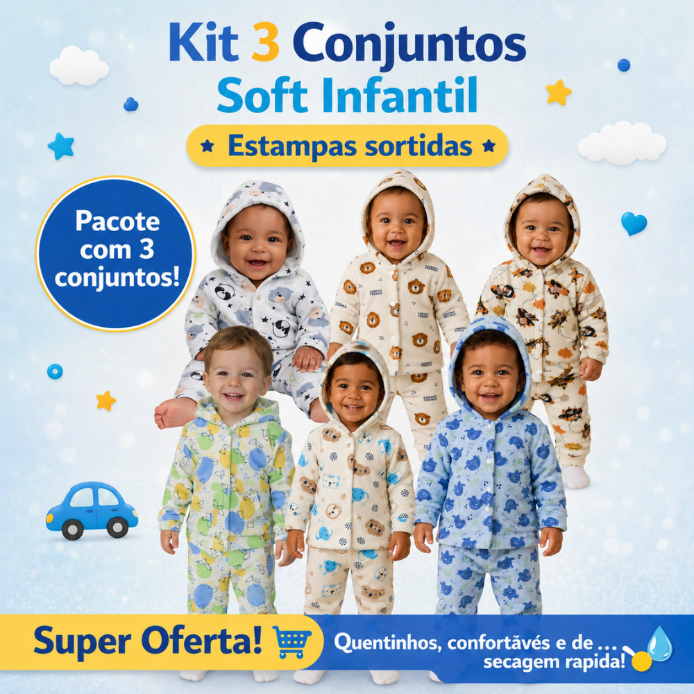 Kit 3 Conjuntos Soft Infantil com Gorro Estampado Masculino Confortáveis e de Secagem Rápida P AO 3