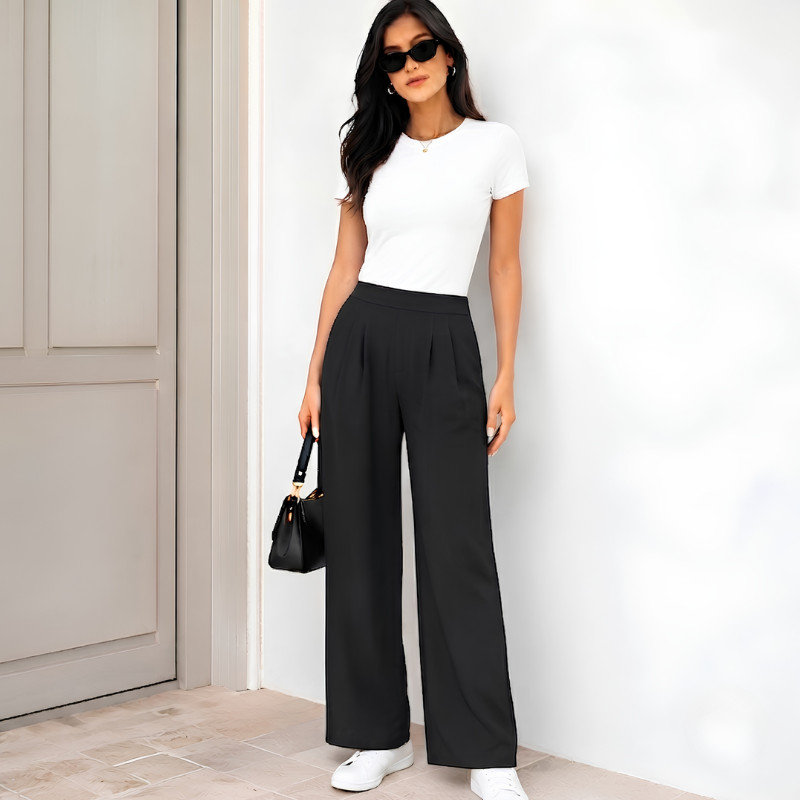 Calça Pantalona Feminina Viscose Premium Com Pregas Casual Trabalho Elegante Cai