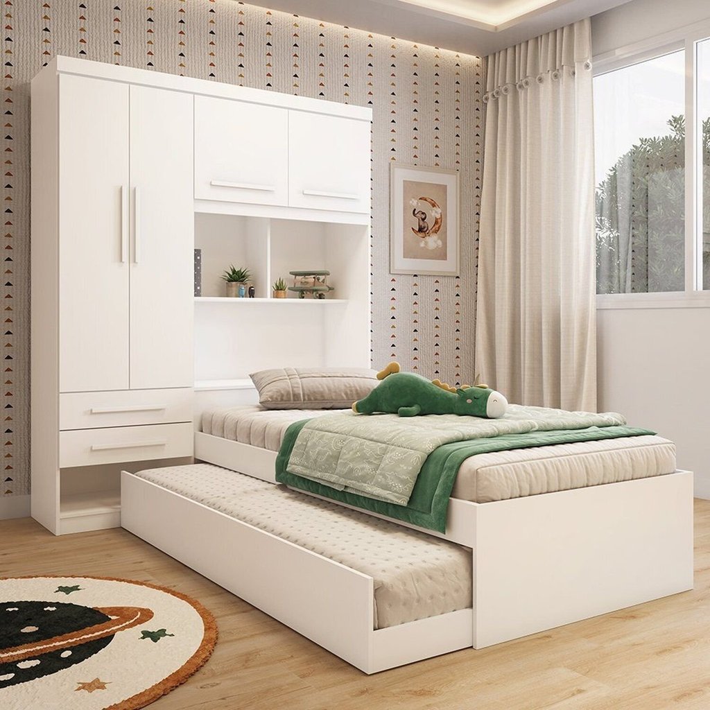 Guarda-Roupa Infantil 4 Portas com Bicama e Baú 100% MDF 160cm Bemzi Espresso Móveis Branco/Rosa/Azul/Lilás