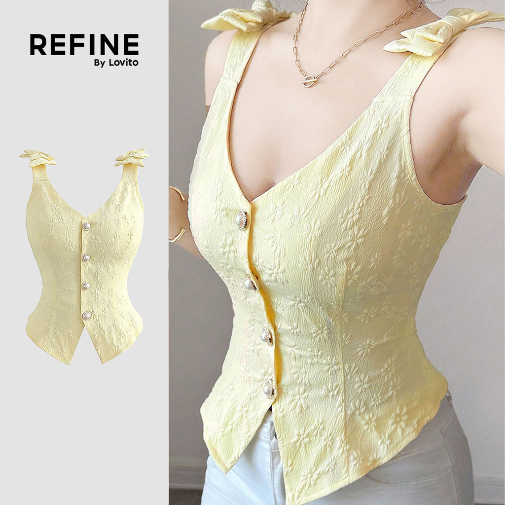 (Refine by Lovito) Top Casual Jacquard com Laço e Recorte Frontal Primavera/verã