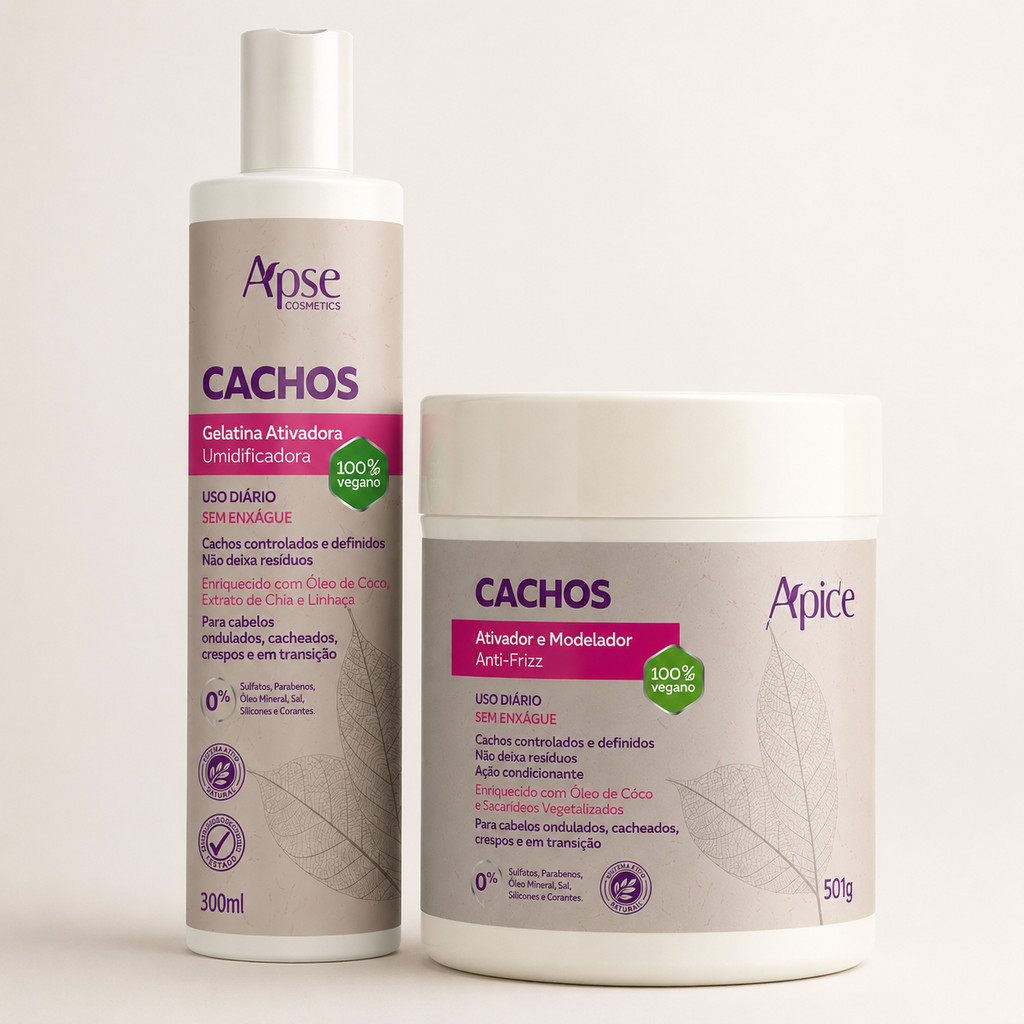 Kit Apse Anti-Frizz Cachos contendo uma embalagem de Gelatina Ativadora de 300ml e um pote de Ativador e Modelador de 500g sobre fundo claro.