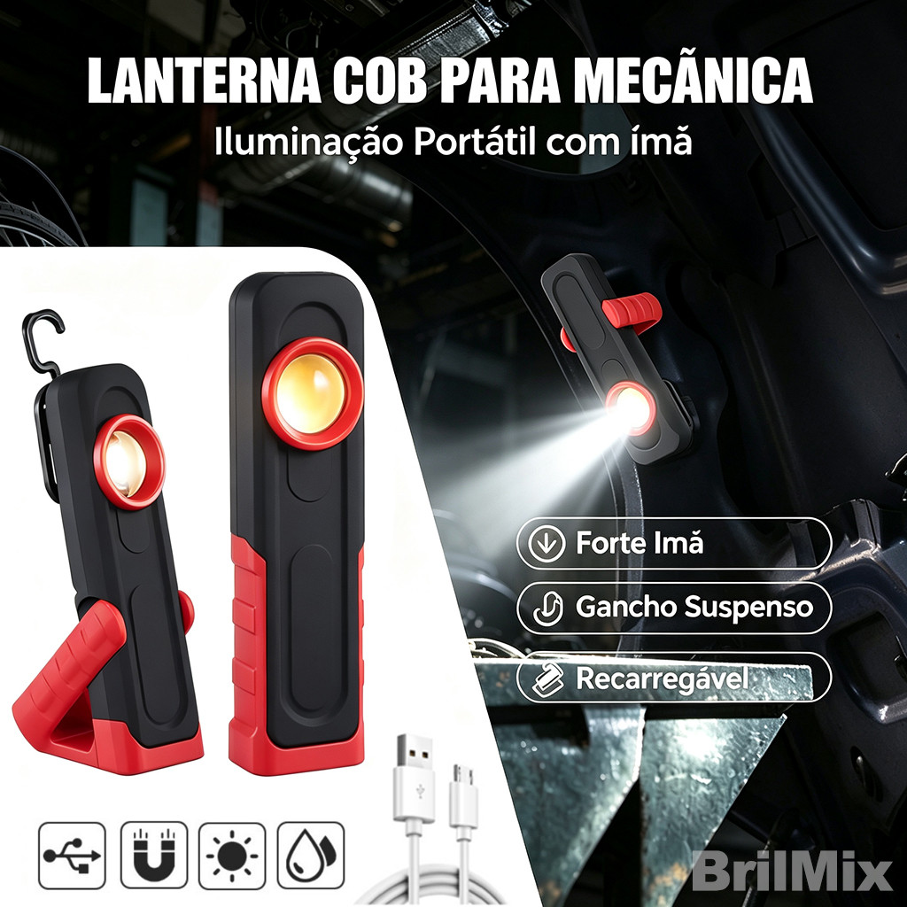 Luz de Trabalho COB Recarregável, Lanterna Portátil com Ímã e Gancho para Mecânica e Obras