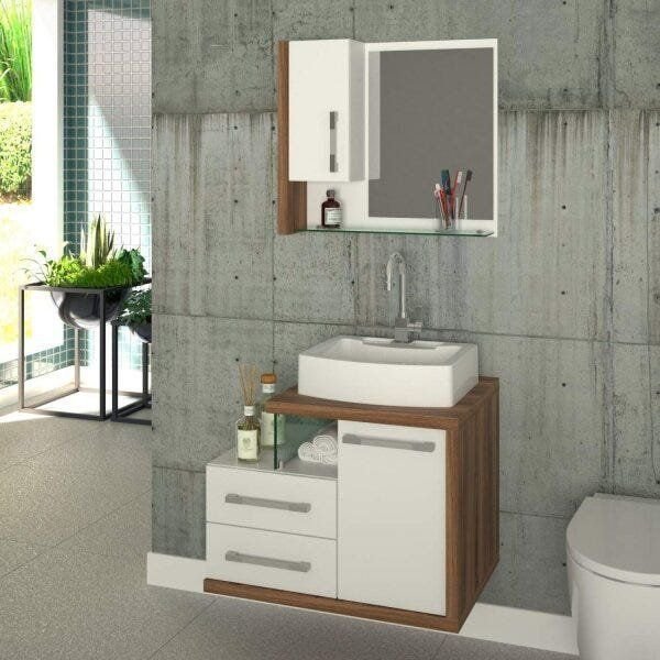 Conjunto para Banheiro Gabinete com Cuba e Espelheira Legno 650W Branco Branco/Nogal