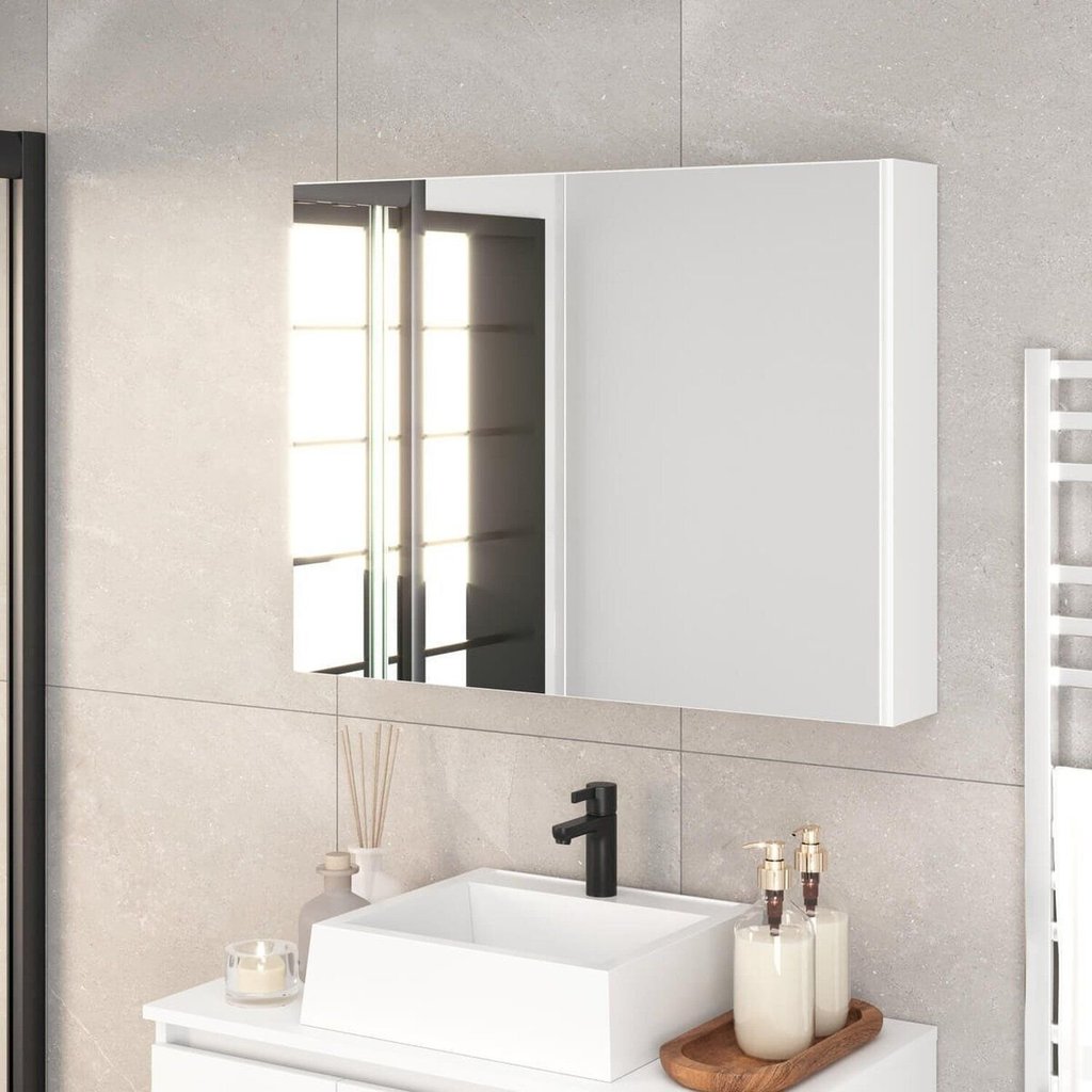 Armário Espelheira para Banheiro 80cm Aurora com 2 Portas de Espelho Branco Bran